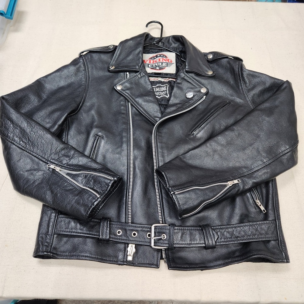 Viking Cycle Mens Medium Genuine Leather Motorcycle Biker Jacket Black Belted